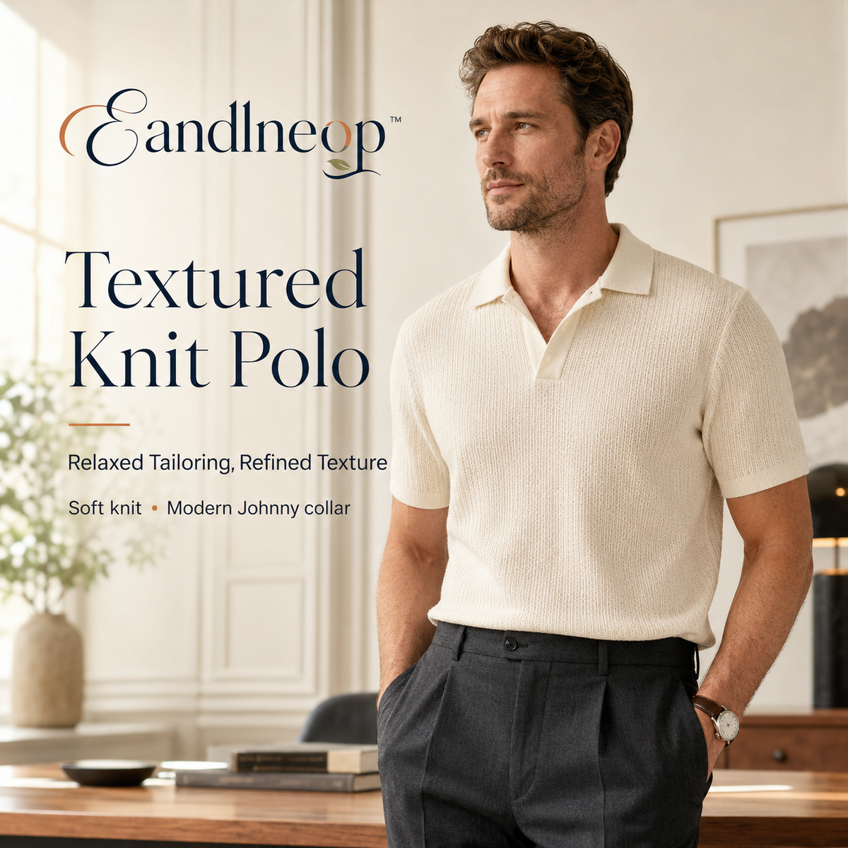 Eandlneop™ Men’s Textured Knit Polo – Short-Sleeve Johnny-Collar Smart Casual Sweater Shirt