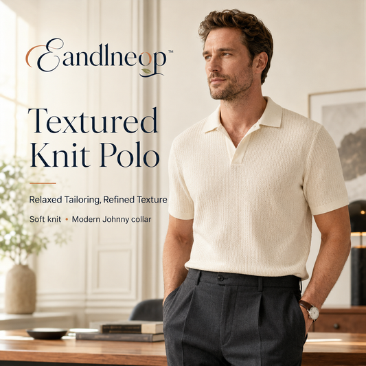 Eandlneop™ Men’s Textured Knit Polo – Short-Sleeve Johnny-Collar Smart Casual Sweater Shirt