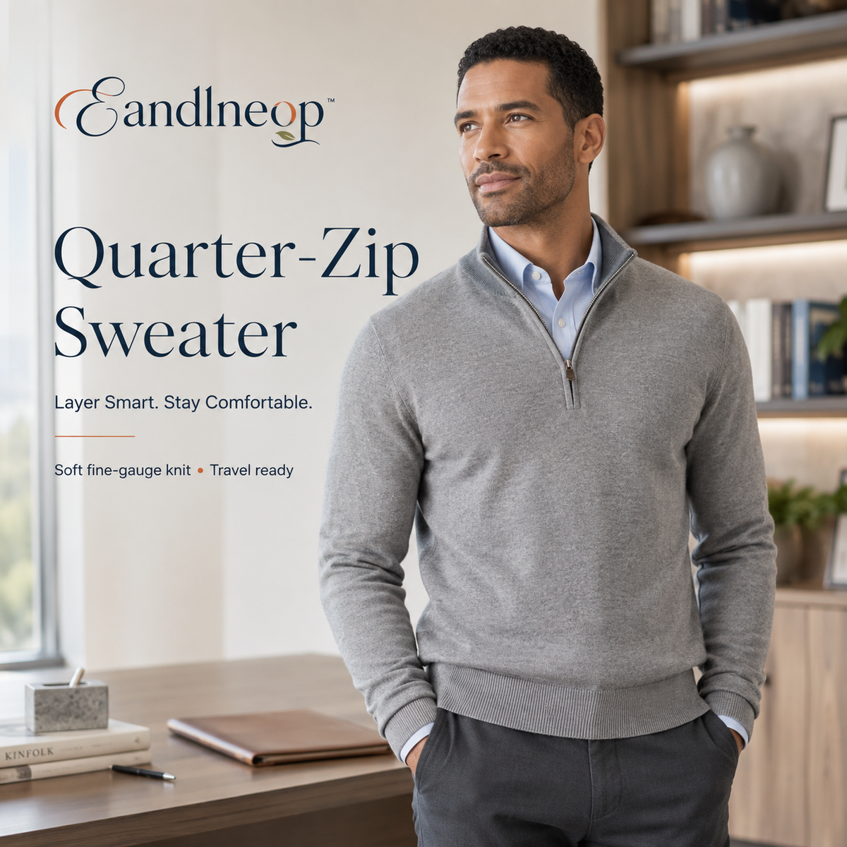 Eandlneop™ Men’s Soft-Knit Quarter-Zip Sweater – Business Casual Pullover for Work and Travel