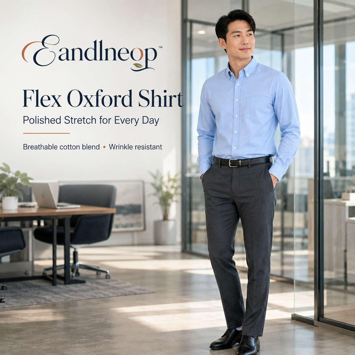 Eandlneop™ Men’s Flex Oxford Button-Down Shirt – Long-Sleeve Business Casual Office Shirt